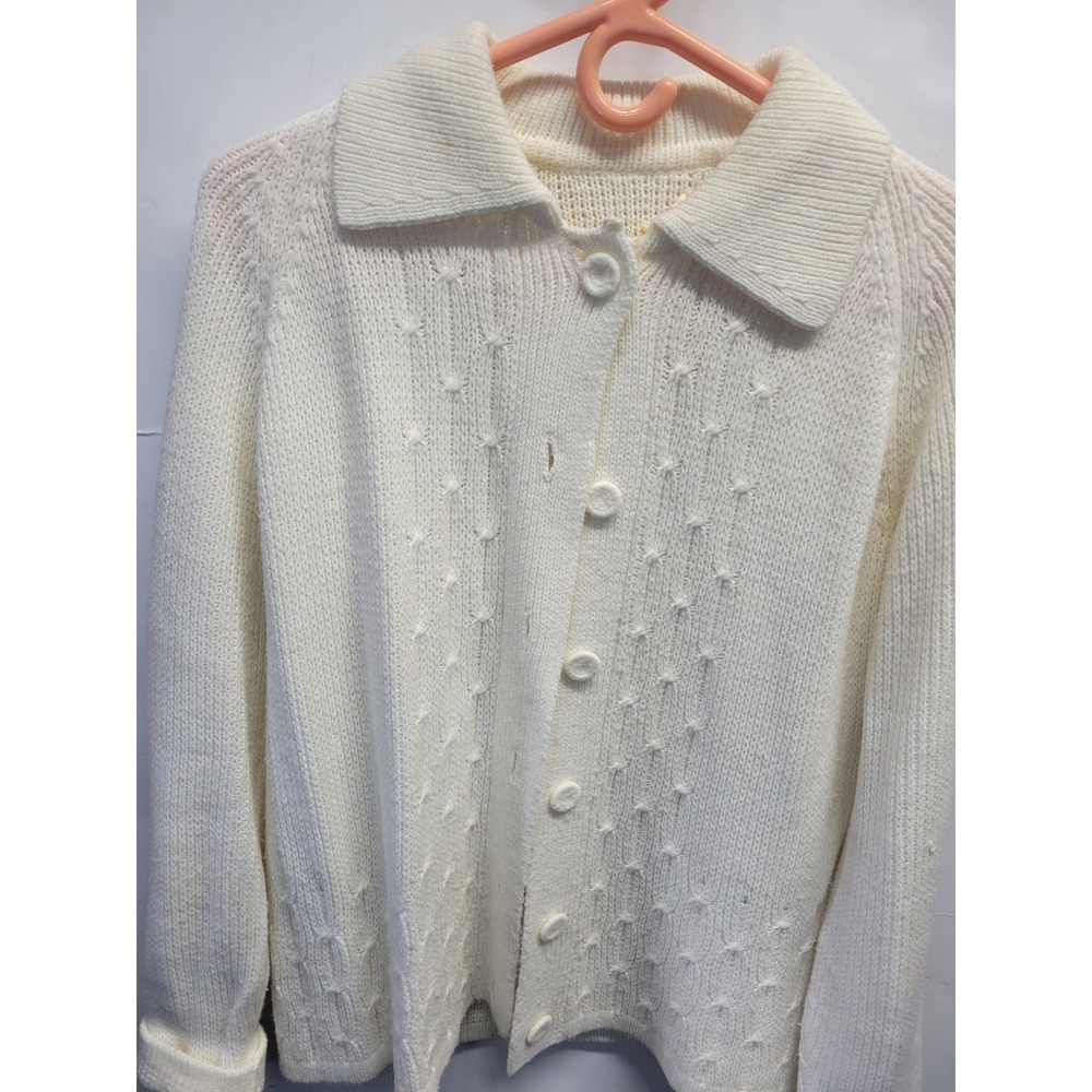 Vtg 70s Sears Cream‎ White Acrylic chunky Knit Collared Cardigan Sweater sz L